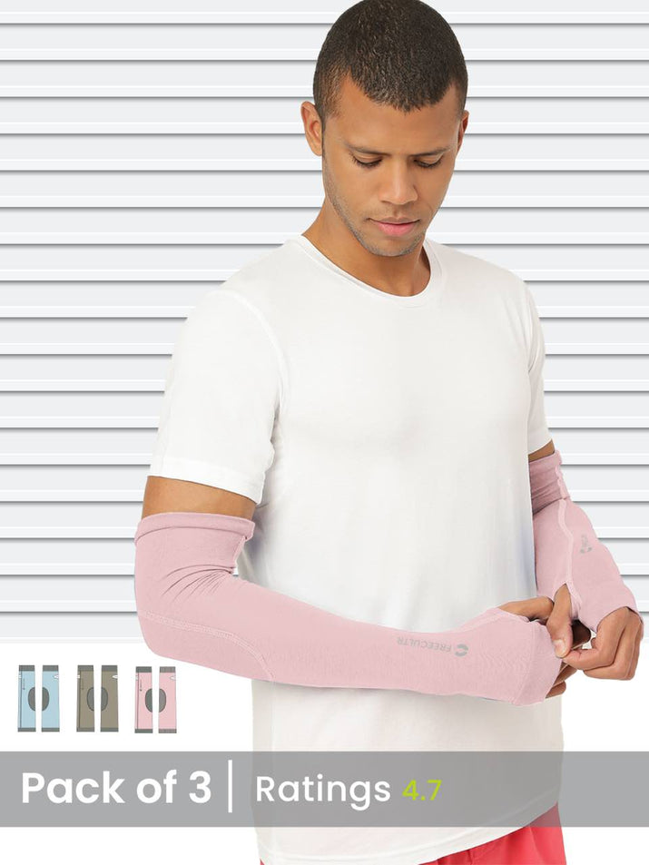 An athlete demonstrates the practical benefits of arm sleeves, providing both sun protection and enhanced performance.