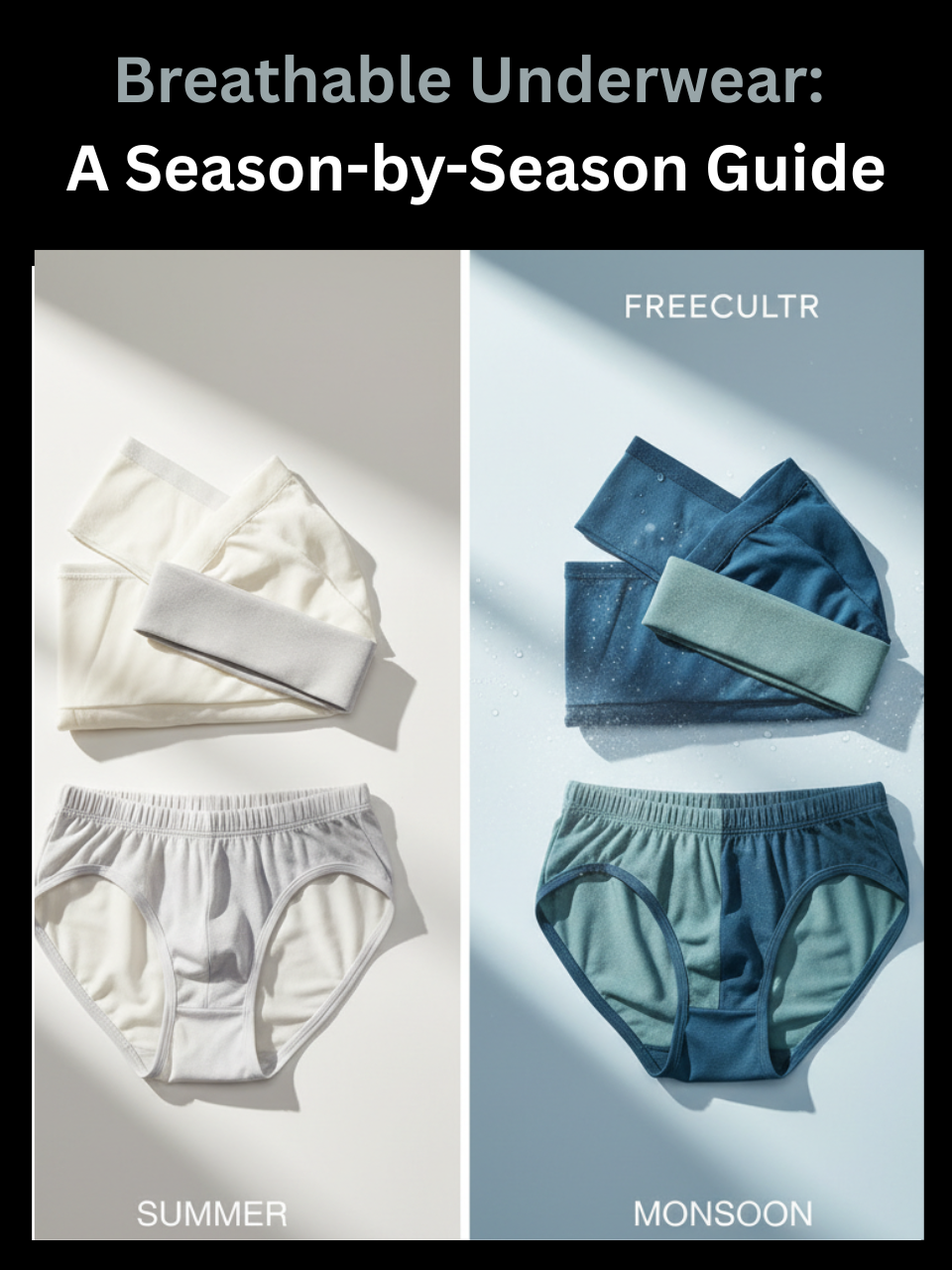 Freecultr breathable underwear shown across summer, monsoon, and winter seasonal fabric weight comparison
