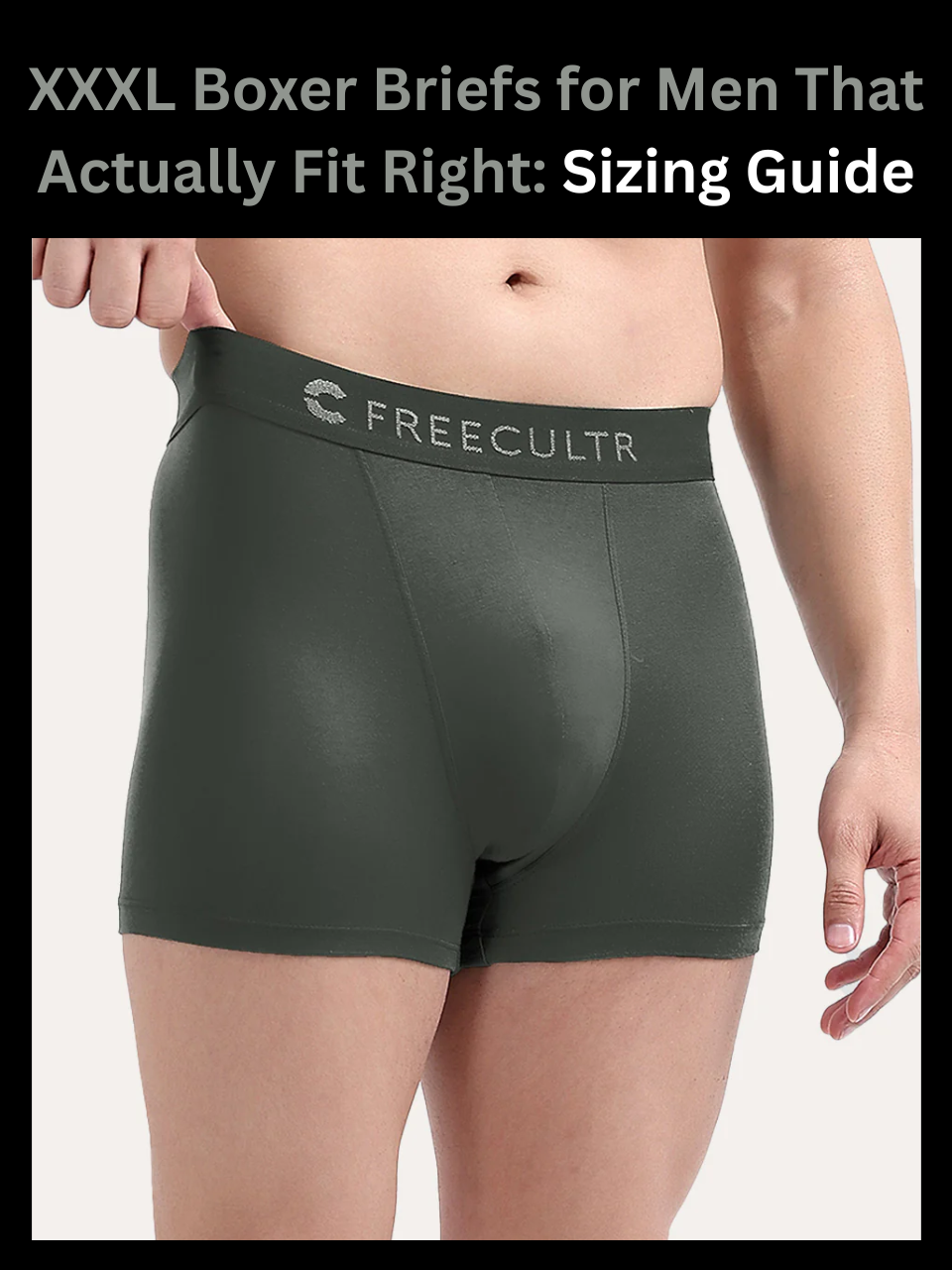 Freecultr XXXL boxer briefs for men shown with extended waistband and 4-way stretch fabric on a neutral background