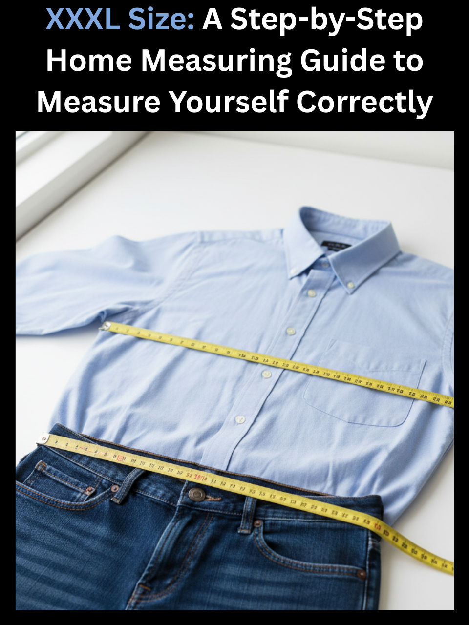 Tape measure shown against a shirt and waistband demonstrating how to measure for XXXL size at home