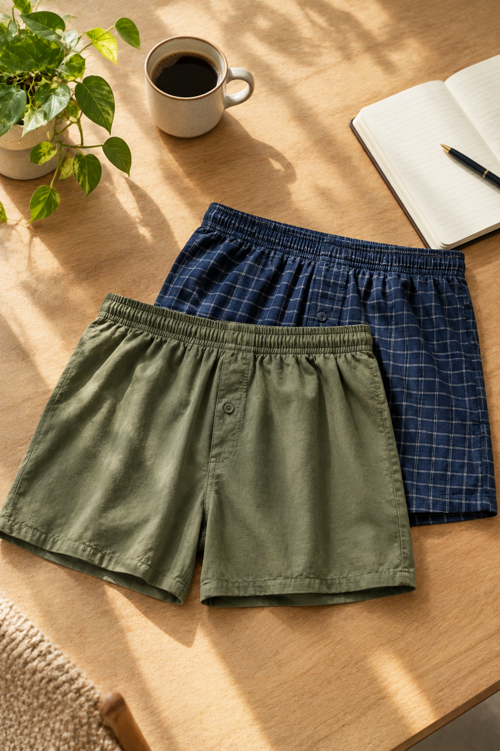 Two pairs of stylish cotton boxer shorts for men arranged on a wooden surface in warm morning light