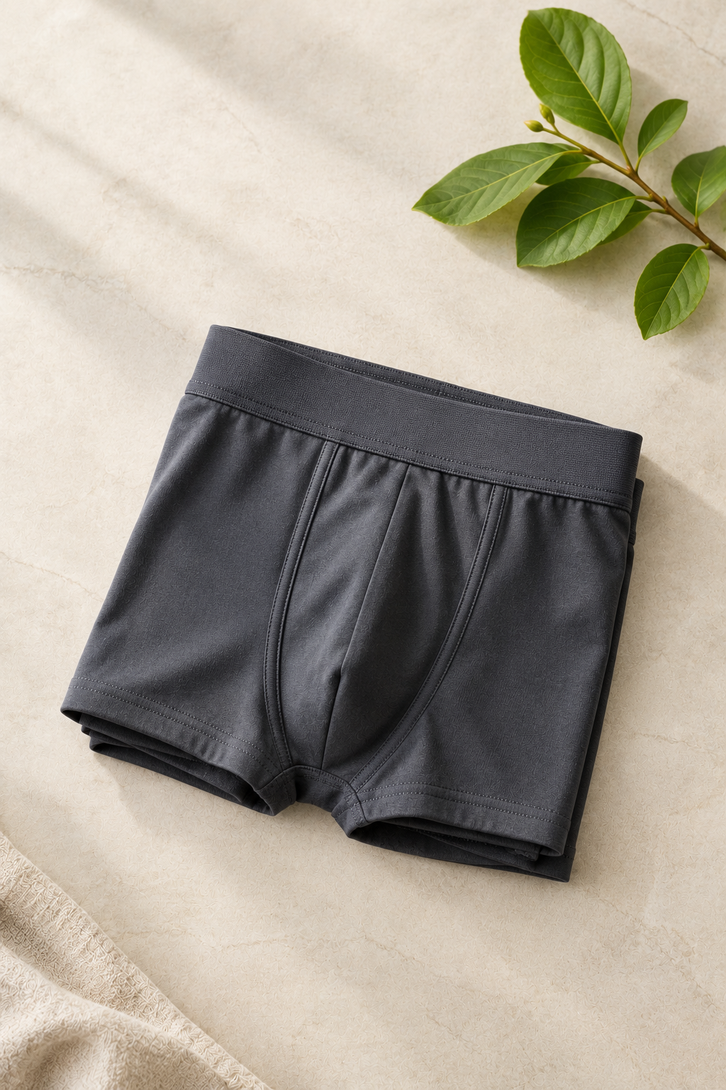Folded charcoal grey micro modal trunks beside beech leaves on a pale stone surface, showing the fabric’s smooth, silky texture.