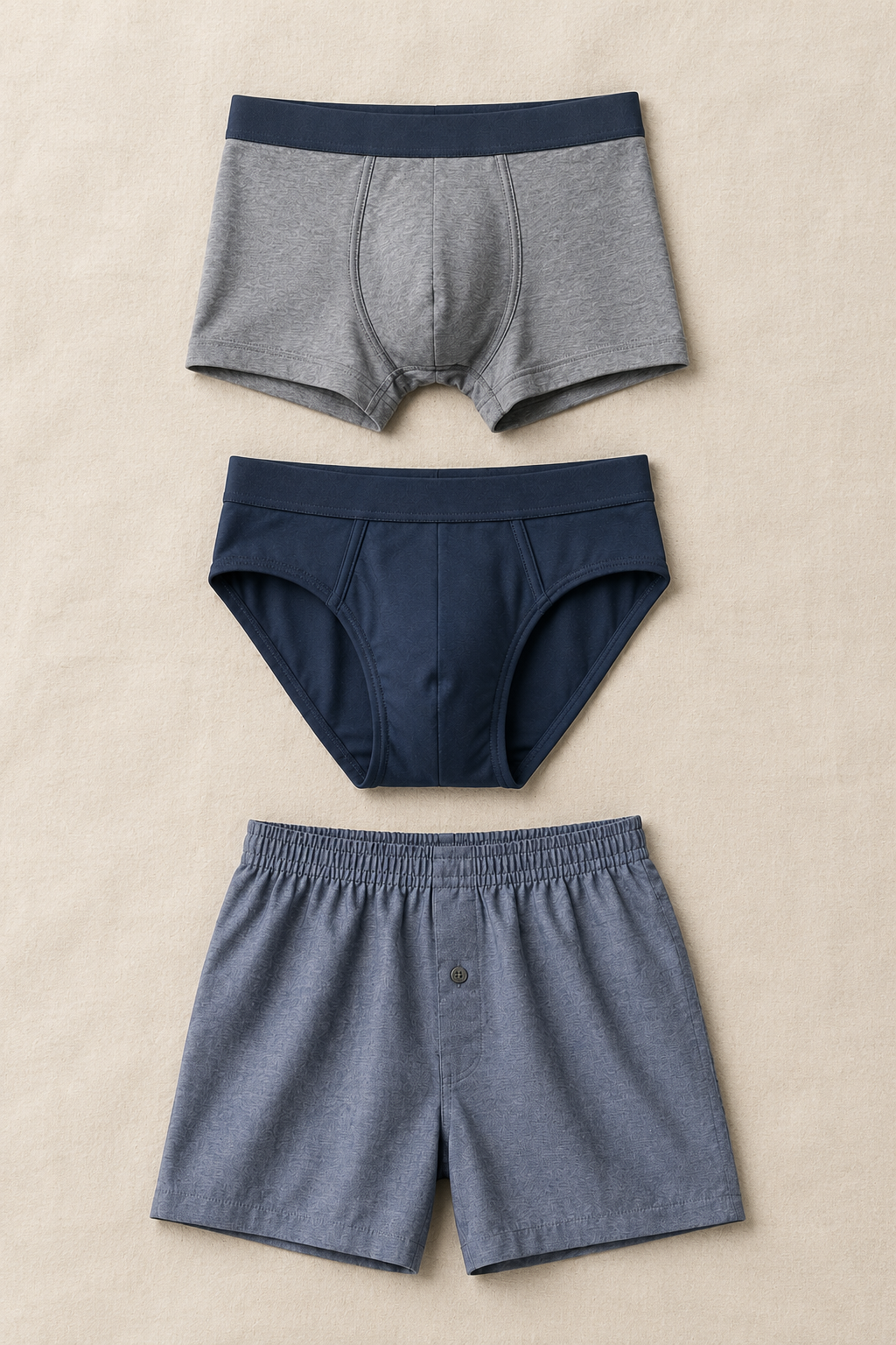 Three folded innerwear styles — trunk, brief, and boxer — arranged side by side for a fit comparison.