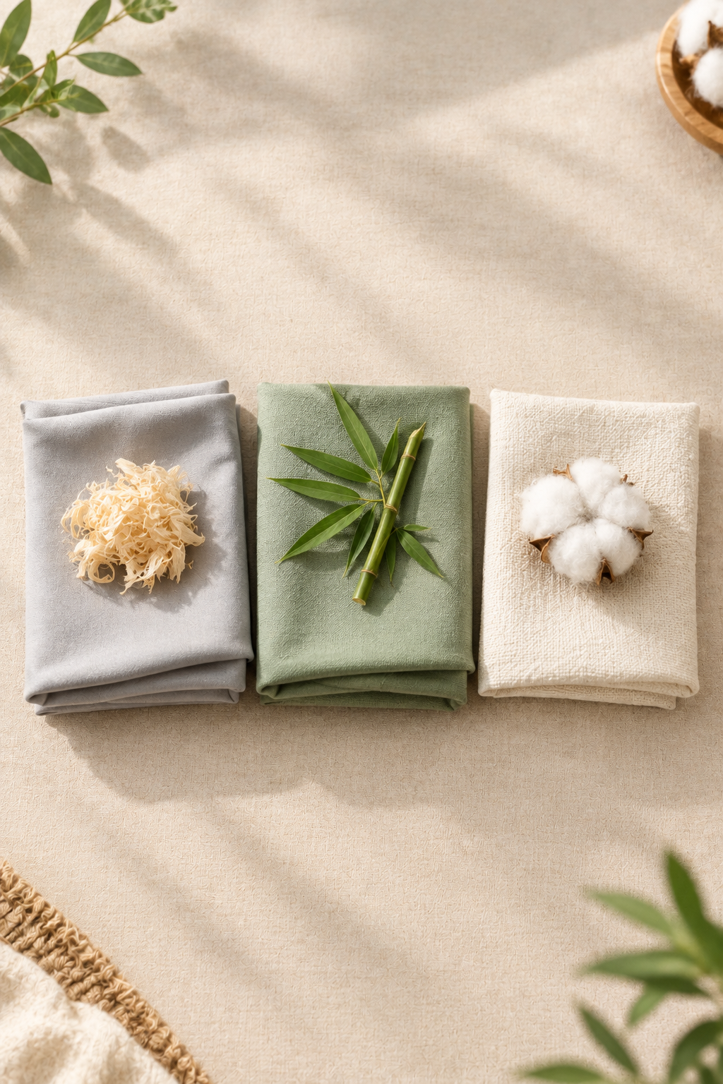 Three folded fabric swatches in grey, sage green, and off-white showing micro modal, bamboo, and cotton textures side by side.