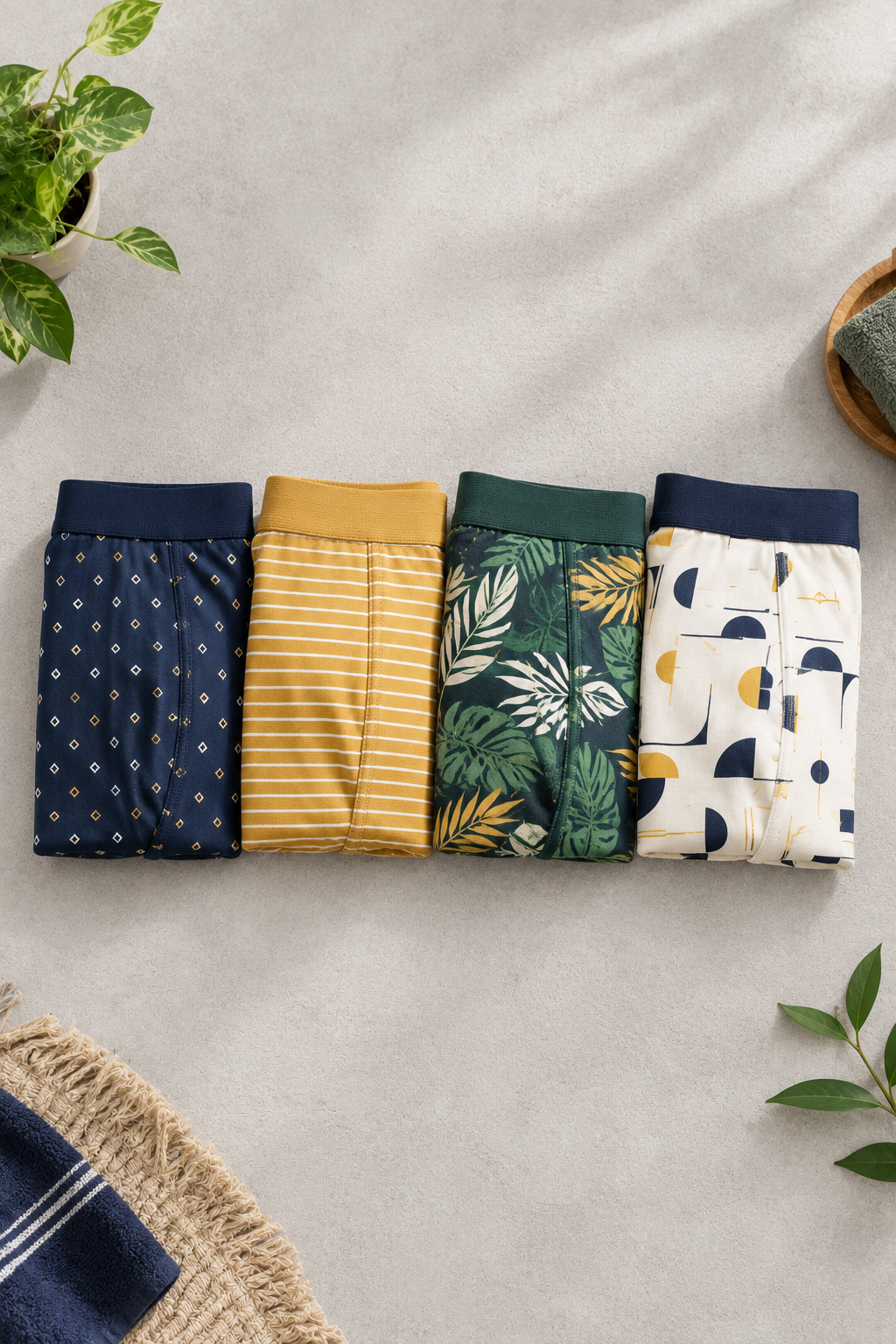 Four pairs of men's printed underwear in geometric, striped, tropical and abstract designs