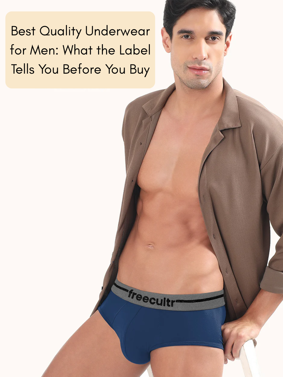Freecultr best quality underwear for men showing micro-modal brief and trunk with fabric label detail and OEKO-TEX certified tag visible