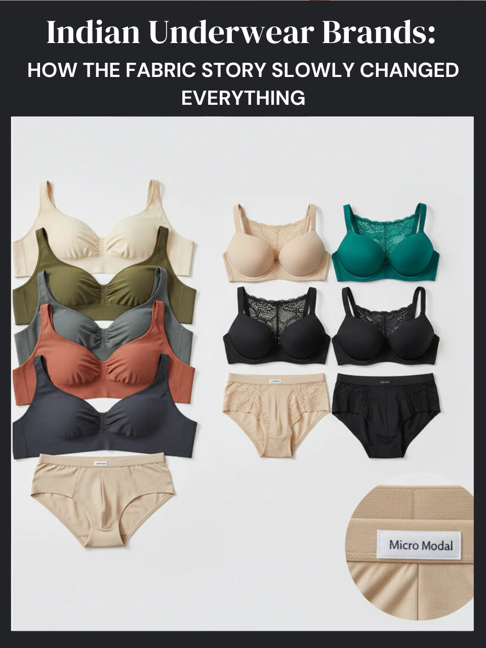 Indian underwear brands comparison showing Freecultr micro-modal innerwear for men and women alongside competitor brand products with fabric label detail visible