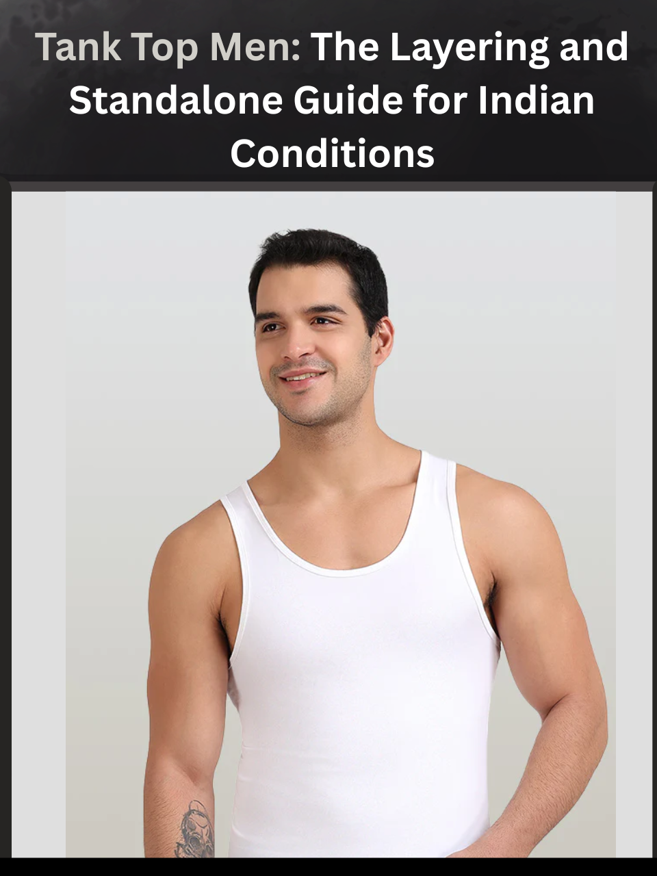 Freecultr tank top men in micro-modal fabric shown as standalone and layered under a formal shirt, flat lay on a white surface