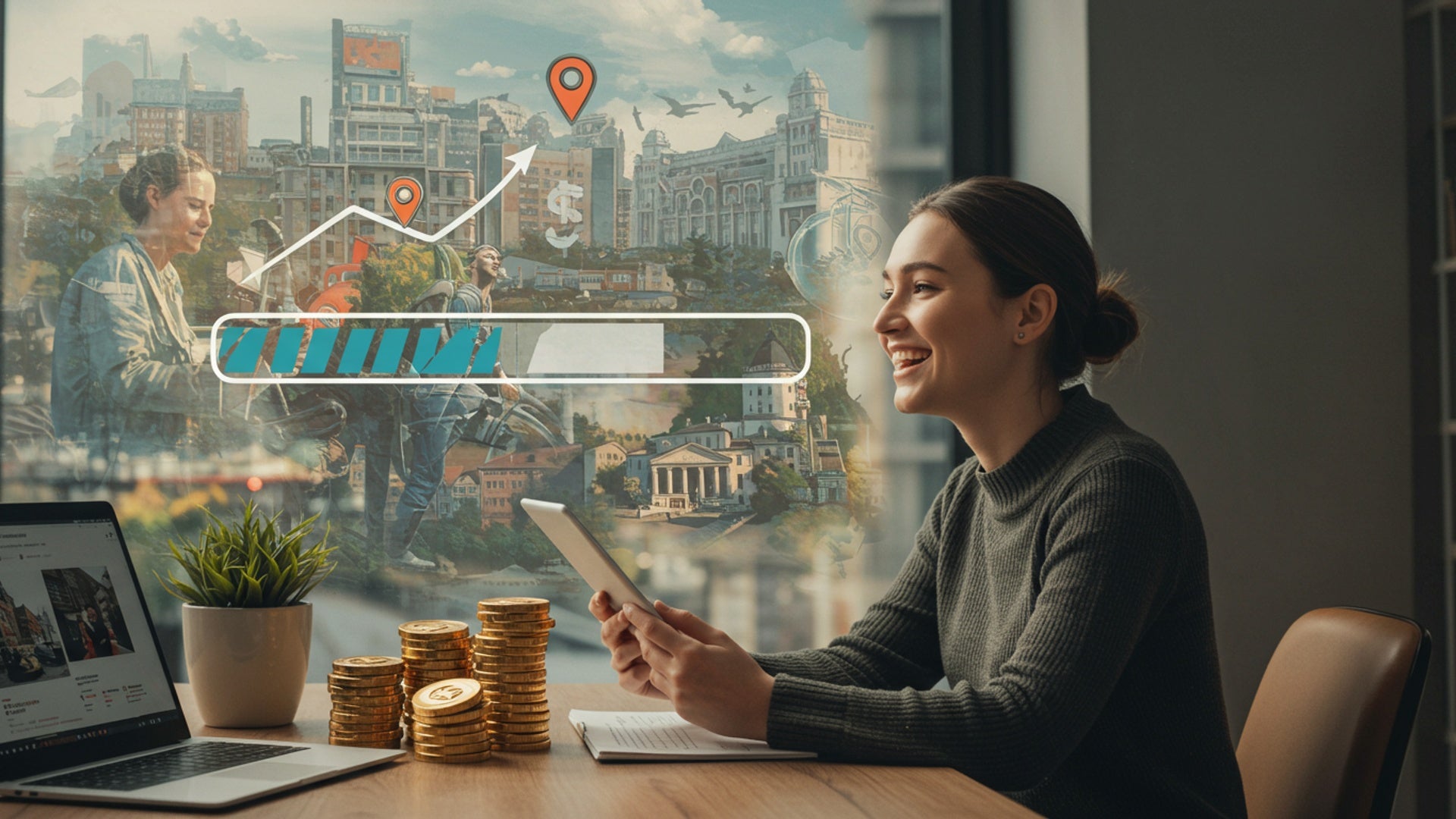 A visual representation of achieving financial dreams through smart saving, with digital progress bars and future goals.