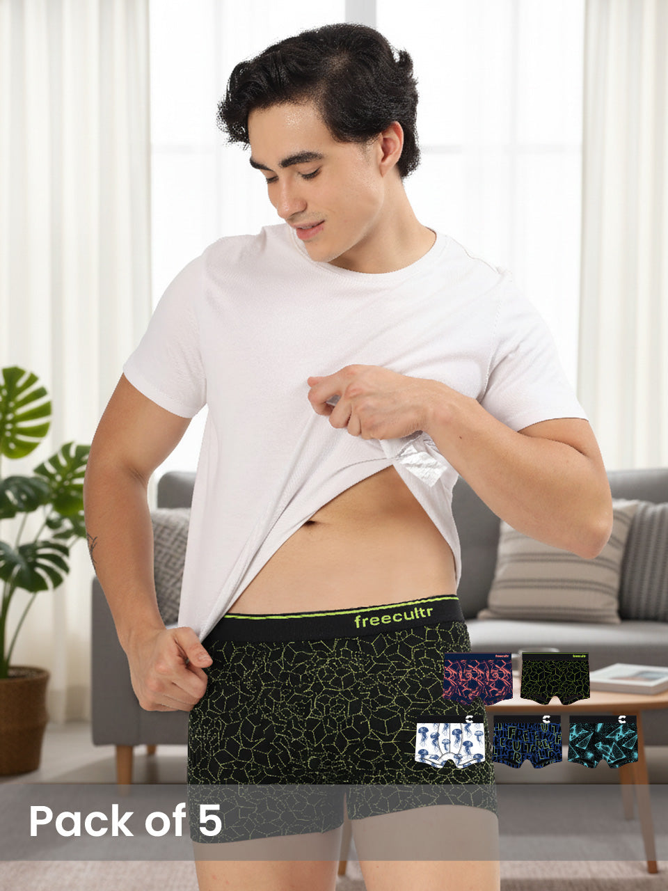 Freecultr mens boxer briefs in micro-modal and bamboo fabric showing fitted leg panel and flat waistband detail in multiple colours on white background