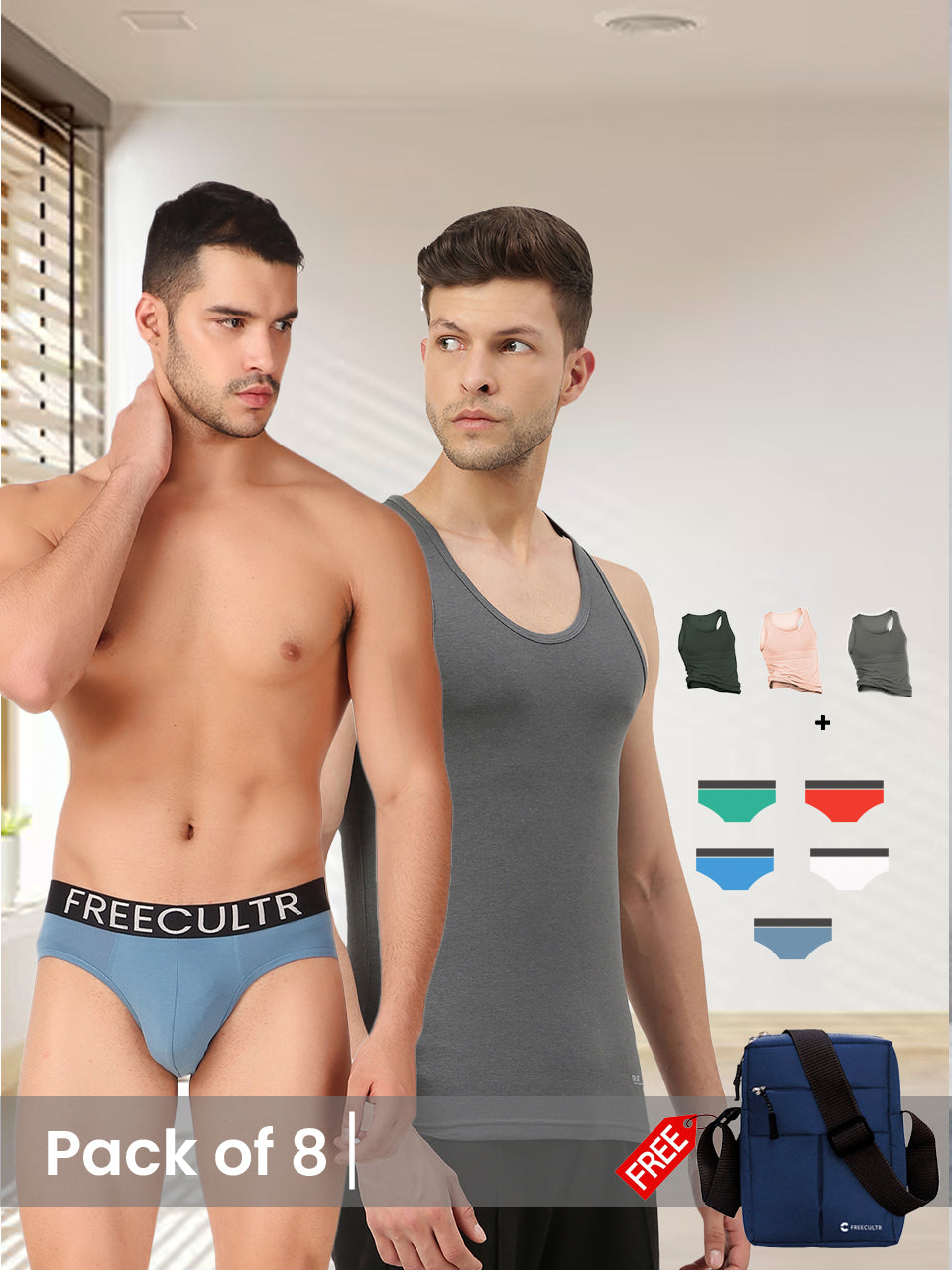 Men's Innerwear set (Pack of 8) with Free Sling Bag
