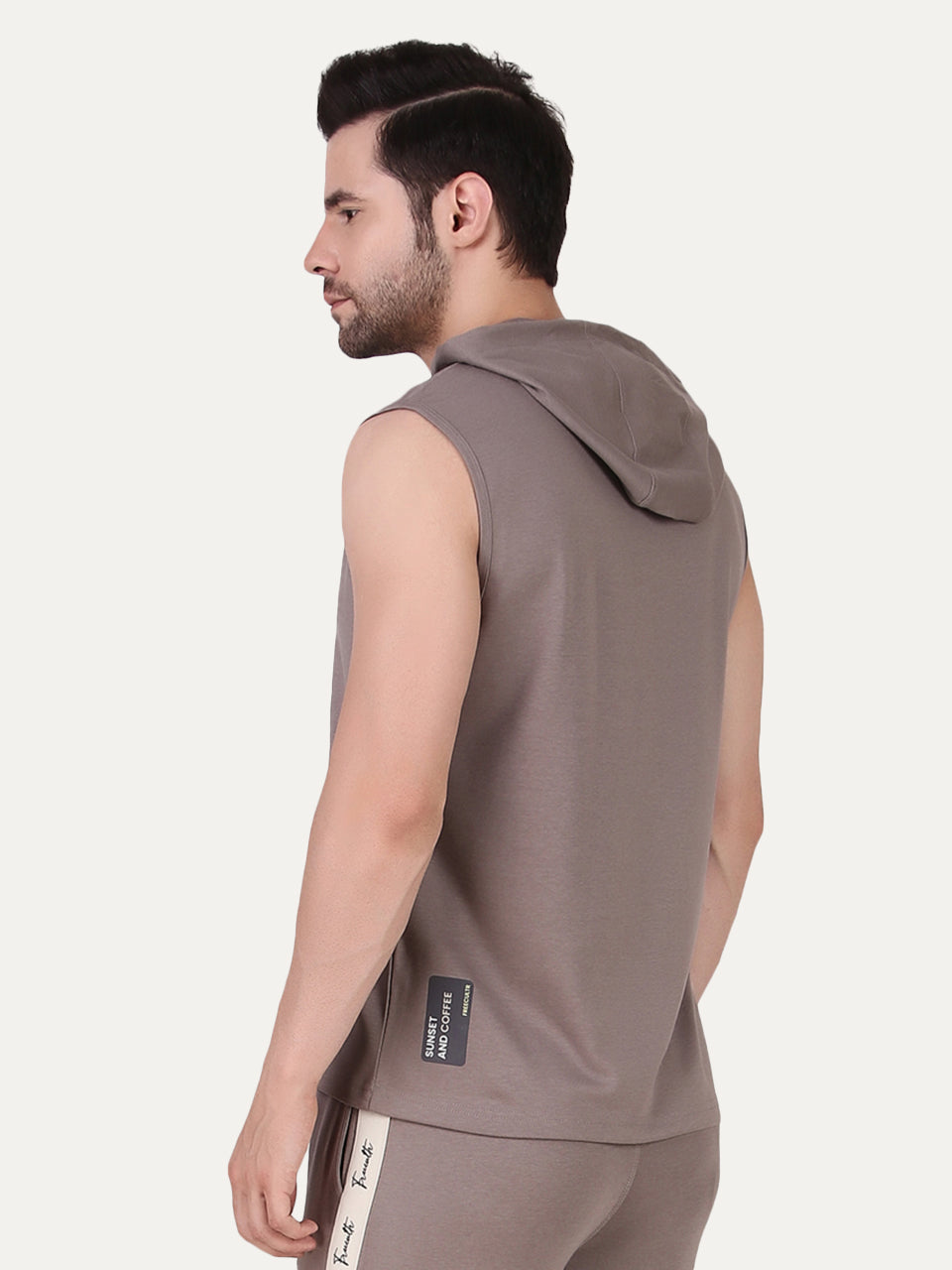 Khaki Printed Sleeveless Hoodie