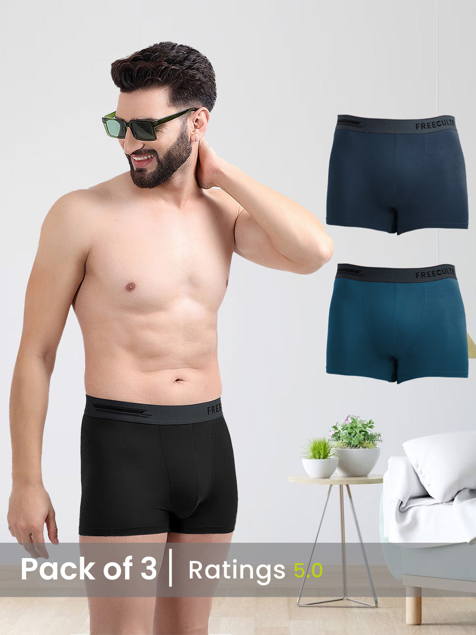 Men's Anti-Bacterial Micro Modal Trunk in Contrast Waistband (Pack of 3)