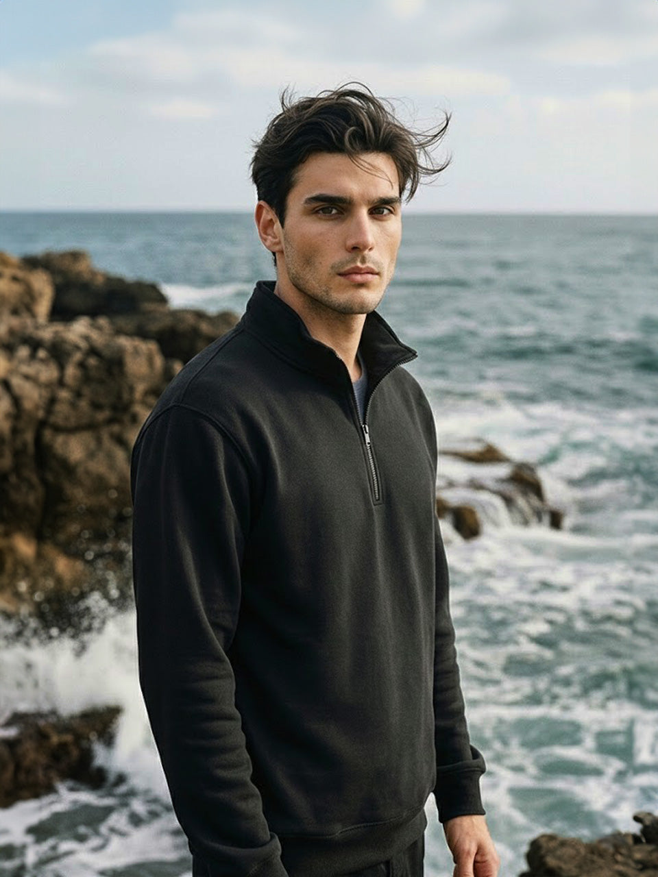 Half-Zip Cotton Fleece Sweatshirt - Black