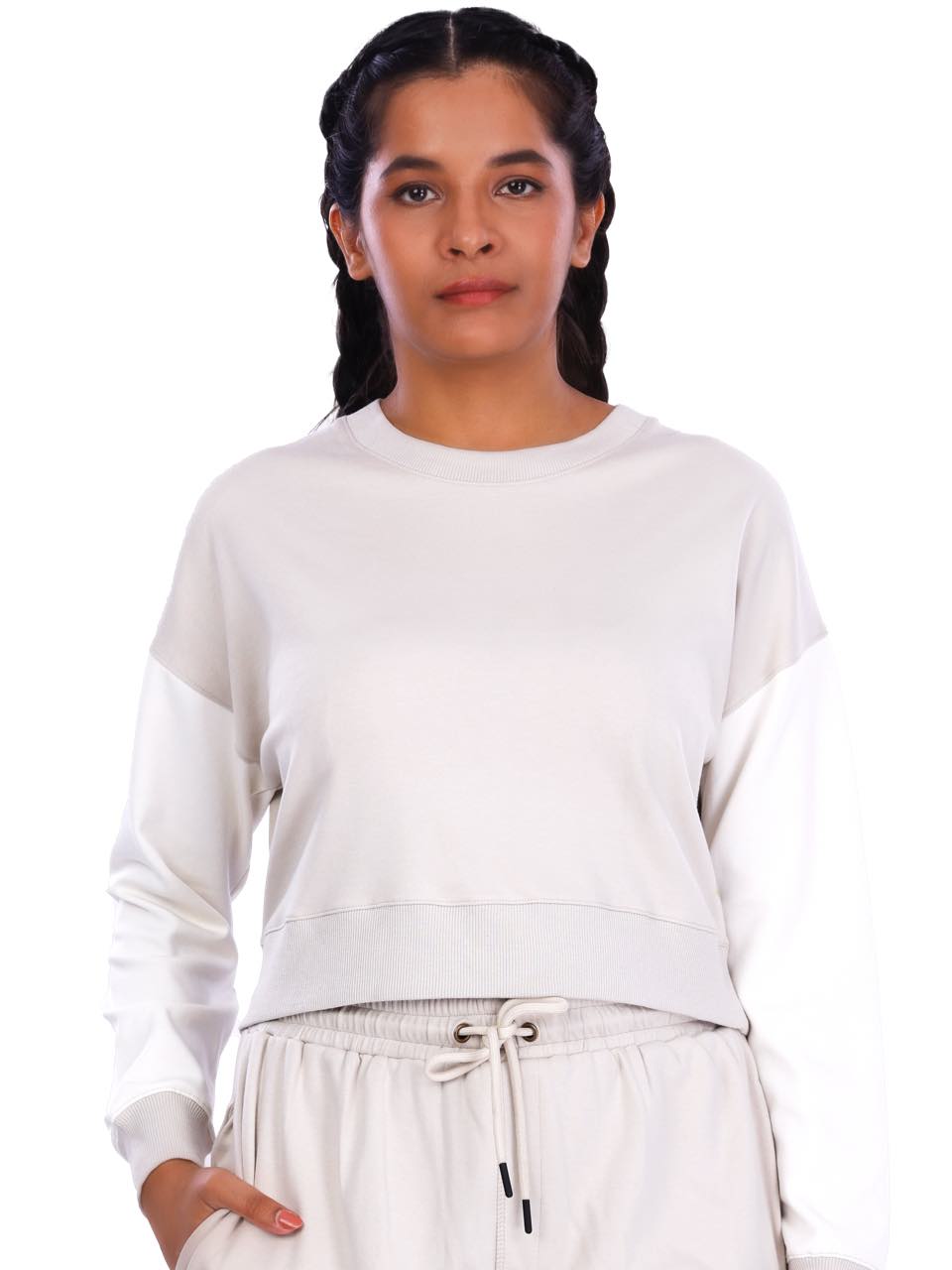 Ecru & White Colourblock Crop Sweatshirt