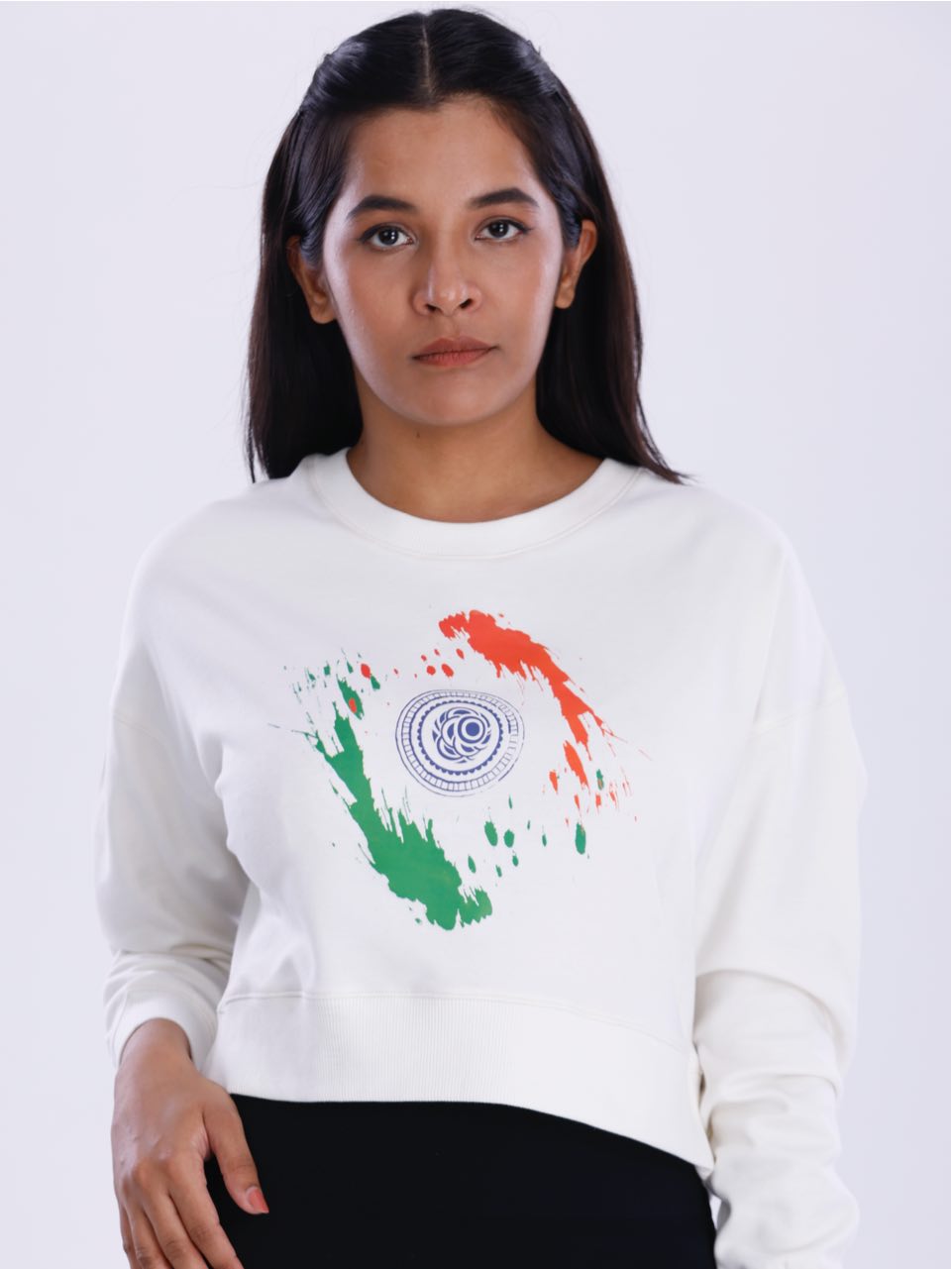White Indian Flag Print Crop Sweatshirt