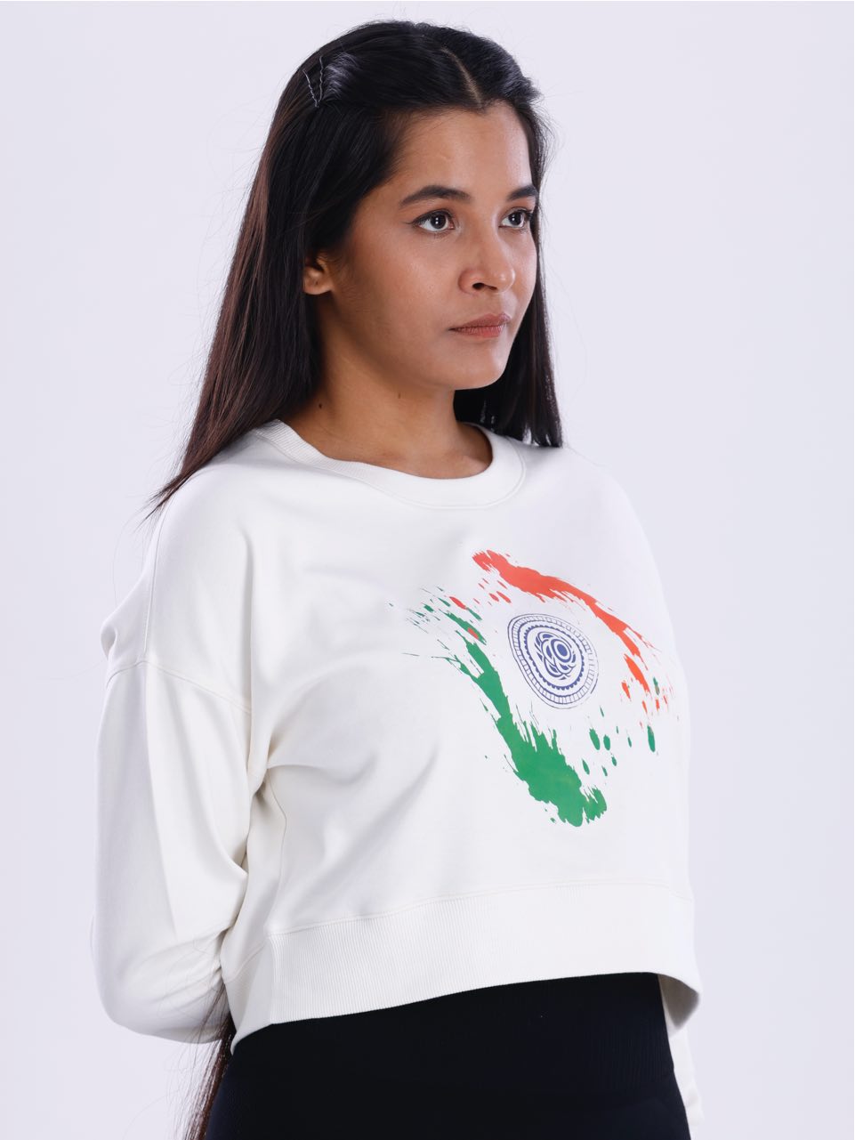 White Indian Flag Print Crop Sweatshirt