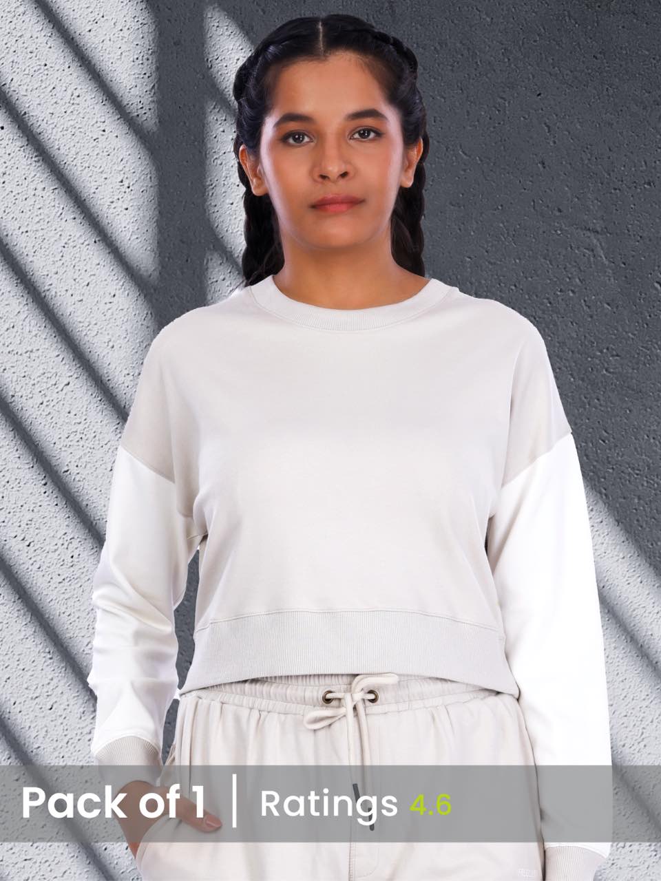 Ecru White Colourblock Crop Sweatshirt