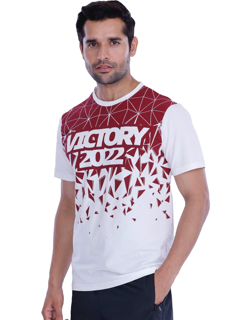 White & Burgundy Victory Print BCI Stretch Cotton T-Shirt