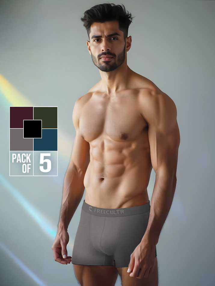 Freecultr micro modal underwear men showing brief and trunk styles at different wash stages demonstrating fabric retention and softness maintenance on neutral background