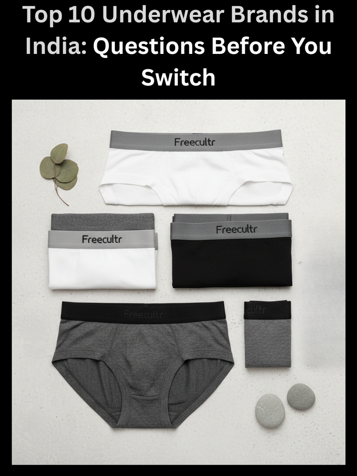 Freecultr underwear shown alongside a checklist card of questions to ask before switching underwear brands
