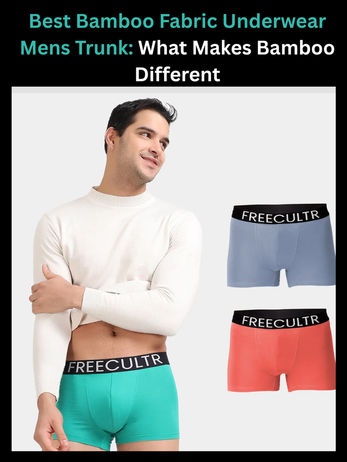Freecultr bamboo fabric men's trunk shown with close-up of fiber texture representing natural anti-bacterial properties