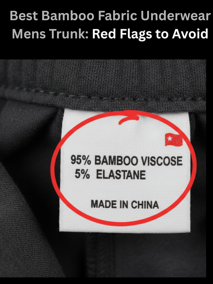  Freecultr bamboo fabric trunk label shown close up highlighting fiber composition text as a buying red flag check