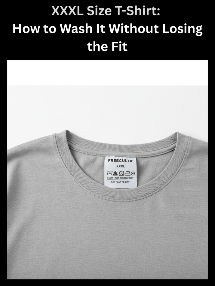 Freecultr xxxl size t-shirt shown with care label detail addressing shrinkage prevention for knit fabric