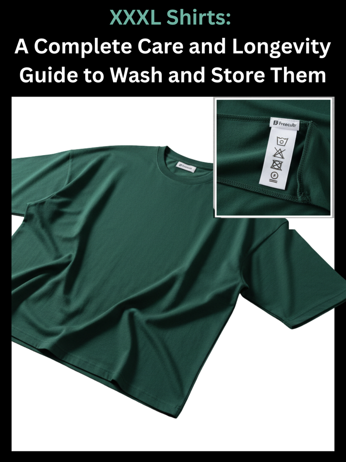 Freecultr xxxl shirt shown with care label detail highlighting wash instructions for larger fabric panels