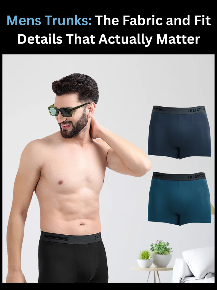 Freecultr mens trunks in micro-modal fabric with zero-ride waistband displayed in multiple colors on neutral background&nbsp;