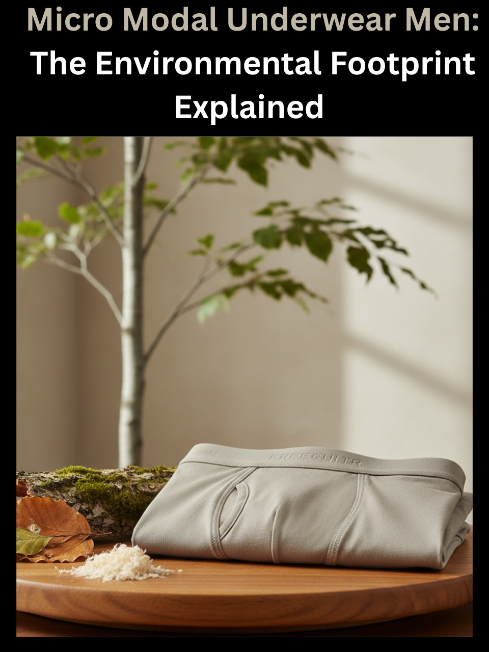 Freecultr micro modal underwear men shown alongside beech tree source material illustrating fiber origin