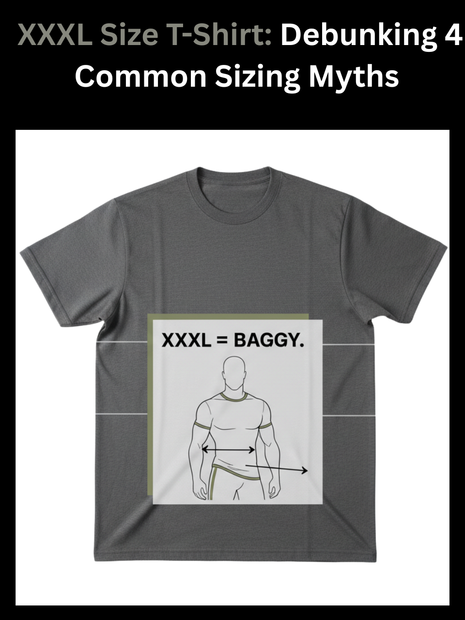 Freecultr xxxl size t-shirt shown with size chart overlay correcting common sizing assumptions