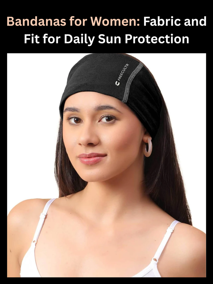 Freecultr bandanas for women in organic bamboo cotton spandex blend styled for daily commute and sun protection on neutral background