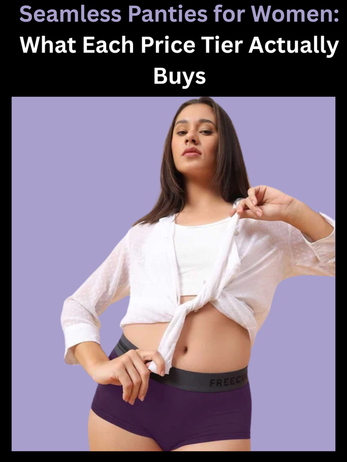 Freecultr seamless panties for women shown alongside a price comparison chart across budget tier