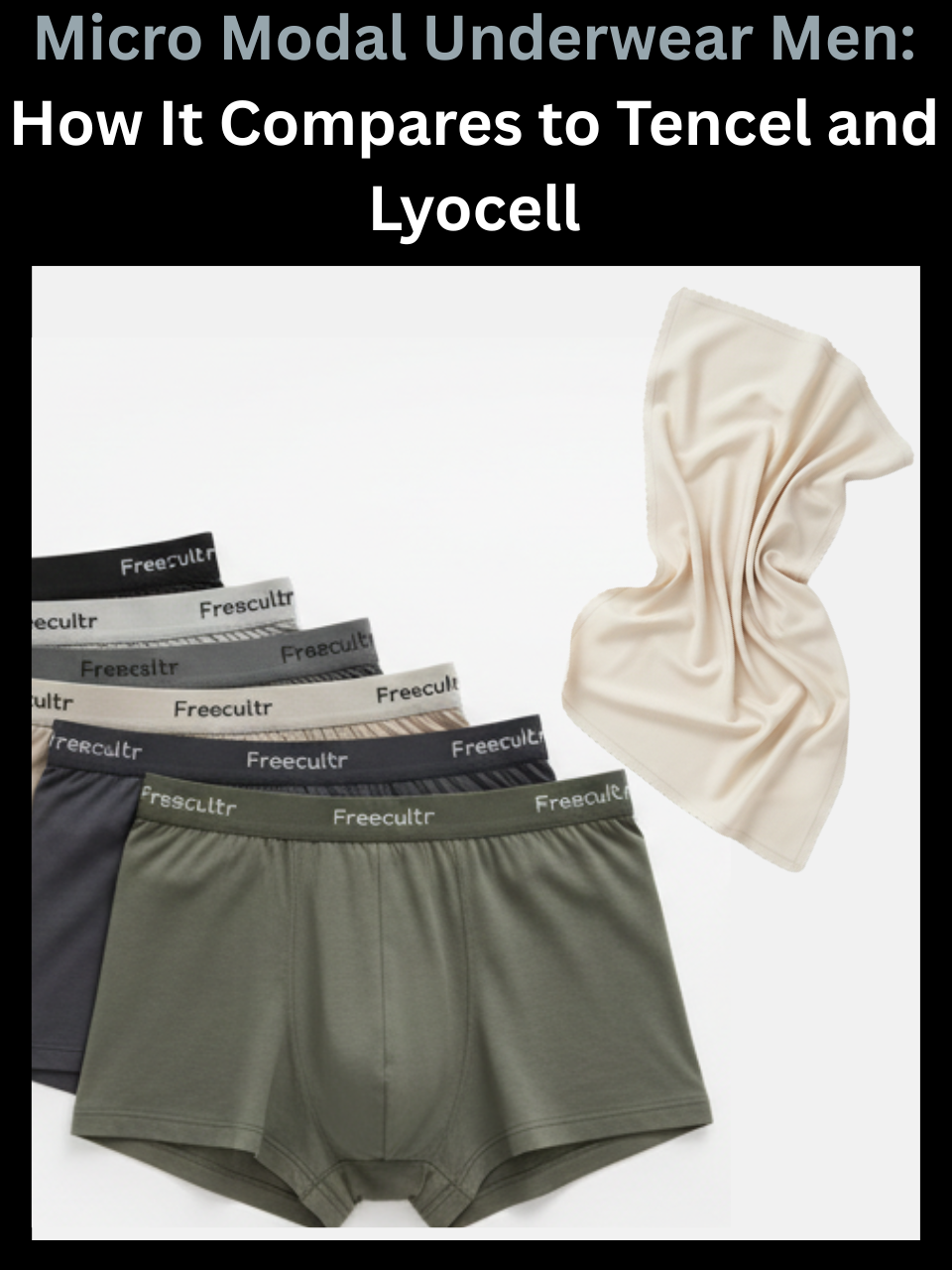 Freecultr micro modal underwear men shown alongside a Tencel lyocell fabric swatch for direct comparison