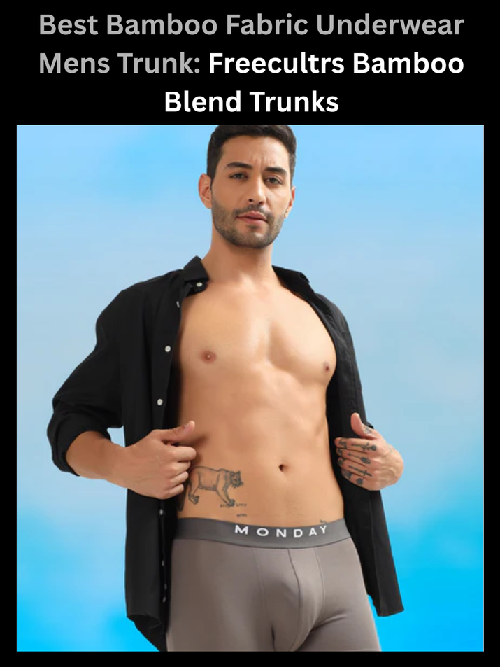 Freecultr bamboo fabric mens trunk shown mid-stretch to illustrate fiber flexibility and recovery