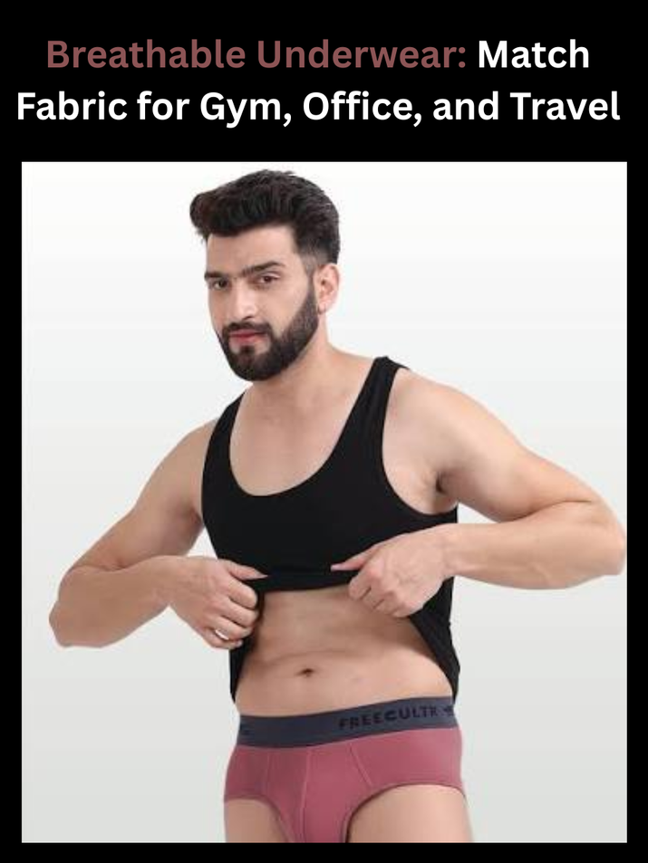 Freecultr breathable underwear shown across gym, office, and travel use cases in micro-modal and bamboo fabric