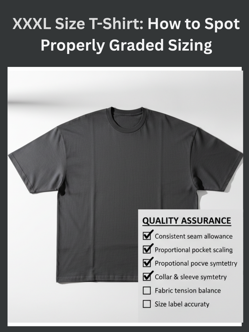 Freecultr xxxl size t-shirt shown alongside a checklist for evaluating a brand's pattern grading quality