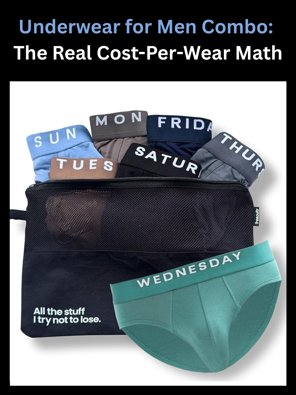 Freecultr underwear for men combo pack shown alongside a cost breakdown comparing per-piece pricing over time