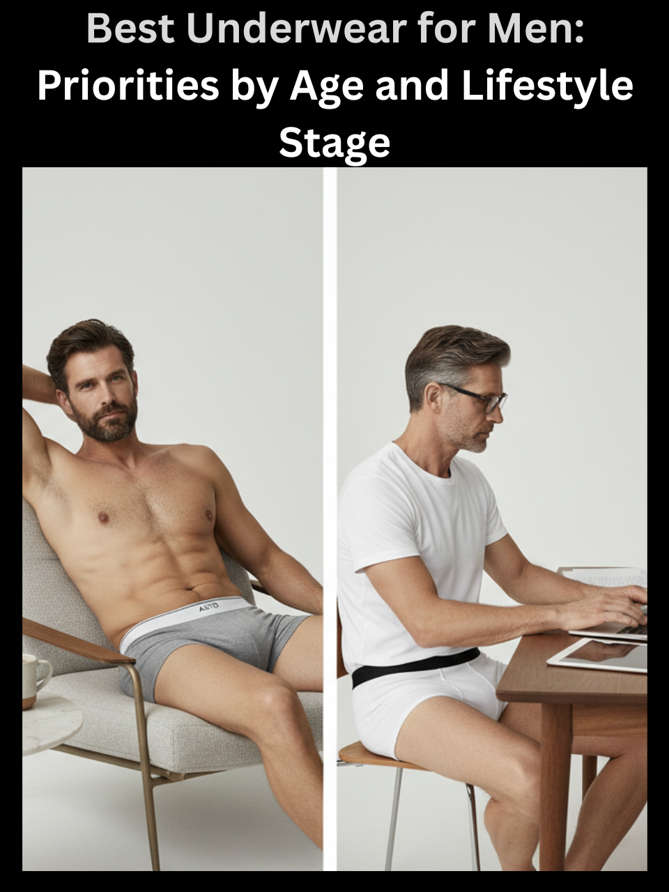 Freecultr best underwear for men shown across different life stages from active twenties to desk-bound forties