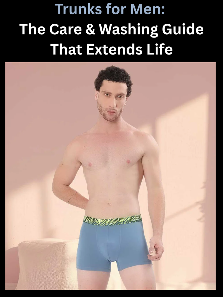 Freecultr trunks for men shown with proper washing and care routine illustrated