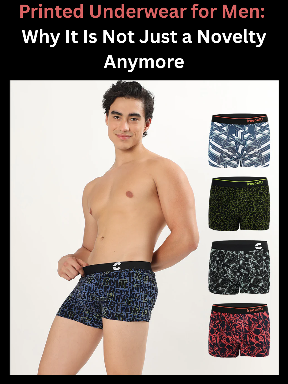 Freecultr printed underwear for men in cotton fabric showing waistband and print detail in a flat lay against a clean background