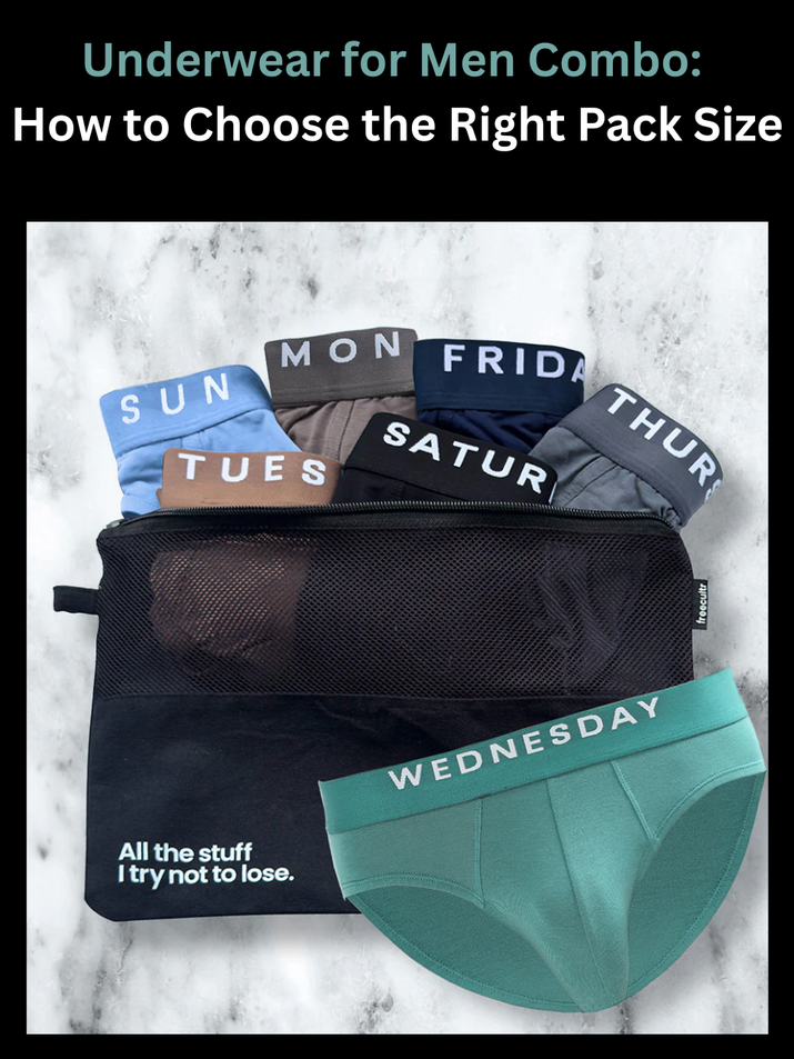 Freecultr underwear for men combo pack shown in flat lay across multiple briefs and trunks in coordinated colors