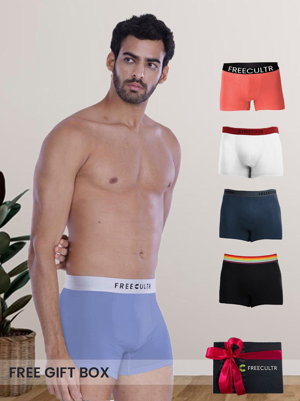 Freecultr mens underwear combo pack of 5 in micro-modal fabric showing five briefs in coordinated colours arranged in flat lay on white background