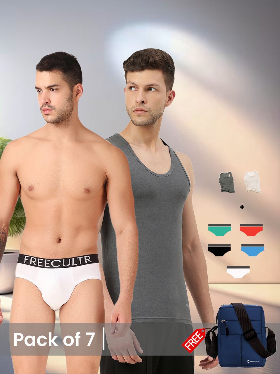 Freecultr innerwear for men displayed as a flat lay showing briefs, trunks, and boxer shorts in micro-modal fabric