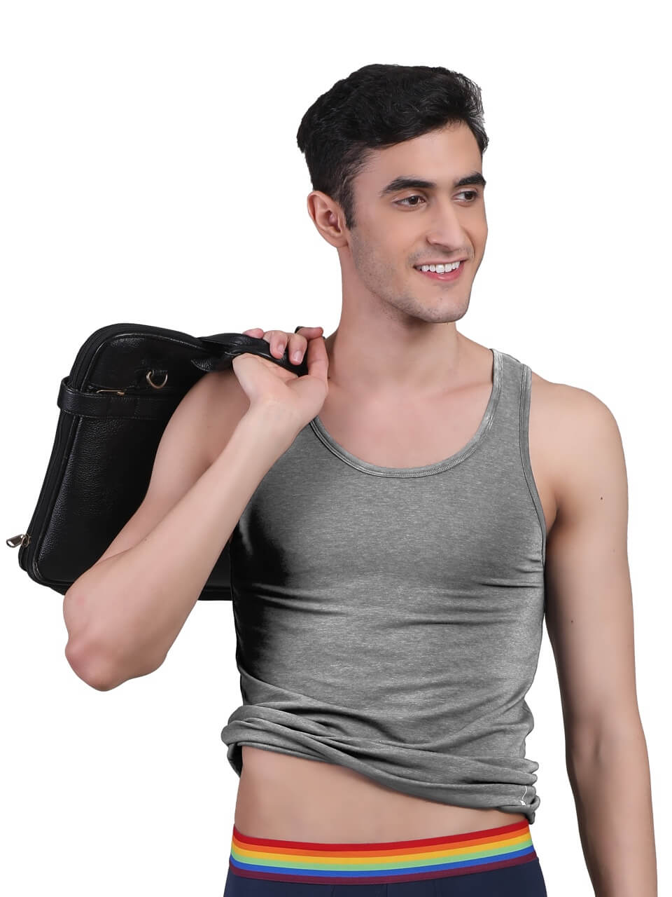 Freecultr twin-skin undershirt for men in bamboo micro-modal blend laid flat showing crew neck and slim fit construction