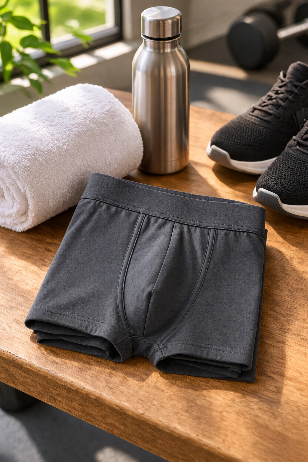 Folded pairs of soft, breathable underwear made of natural fibers on a light stone surface