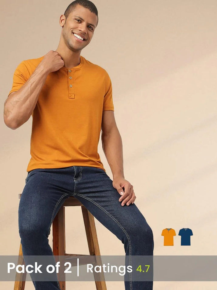 A stylish man showcasing the versatility and breathable comfort of a henley shirt, perfect for various casual occasions.