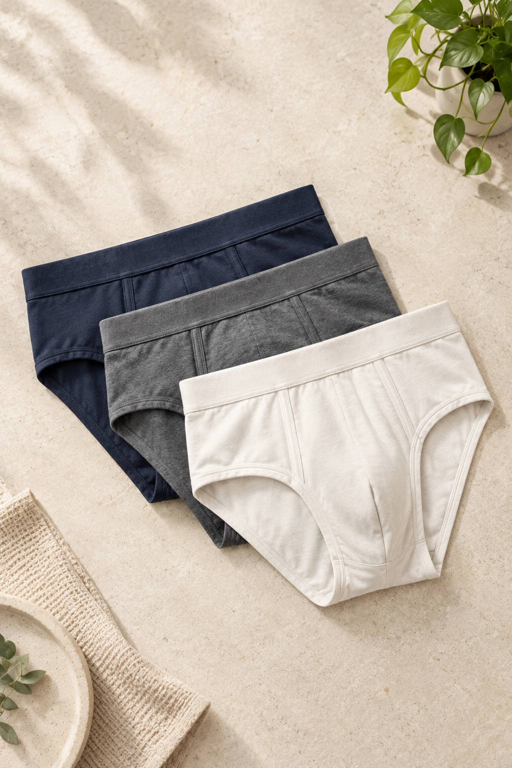 Three folded men’s briefs in navy, charcoal, and off-white arranged in a fan on a light stone surface.