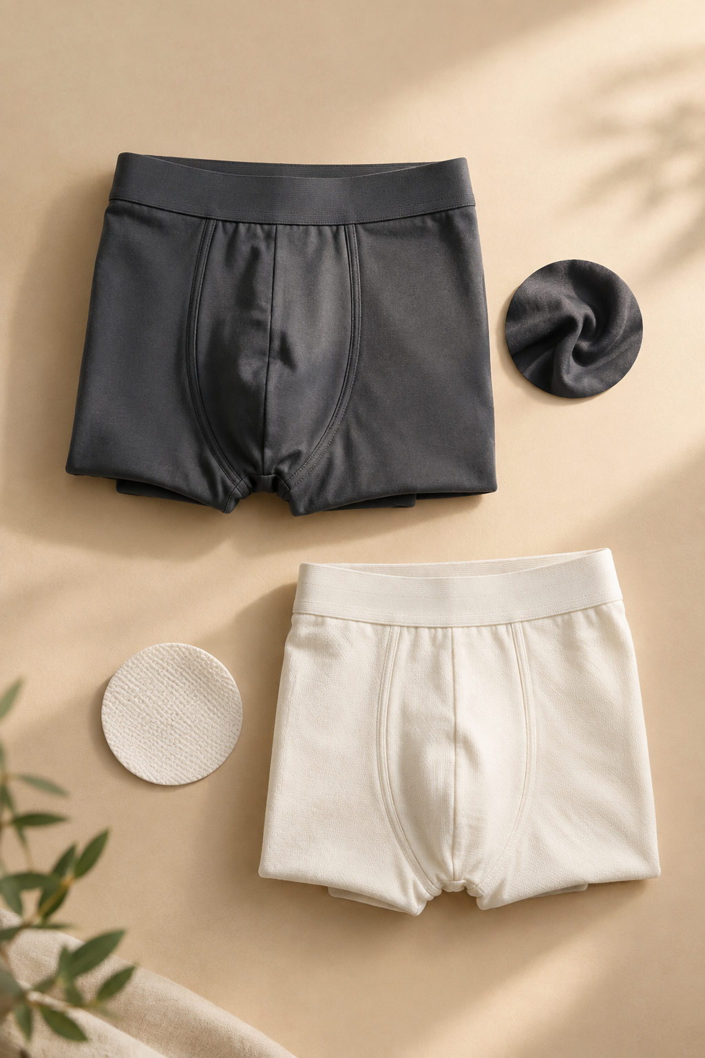 Micro modal and cotton men's underwear folded side by side for a fabric comparison